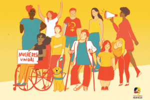 ilustração com mulheres com deficiência e uma delas segura cartaz com dizer mulheres unidas